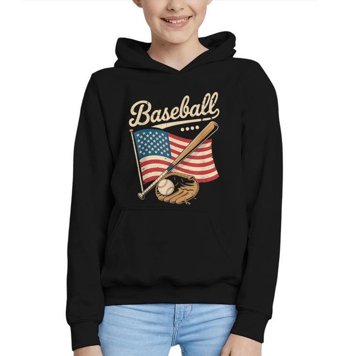 American Flag Baseball Player Bat Fan Catcher Pitcher USA Graphic Youth Hoodie