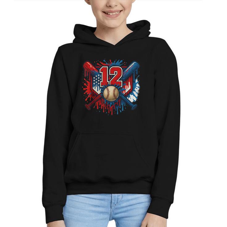 Baseball 12 Year Old Splash Drip 12th Birthday Boy Number 12 Graphic Youth Hoodie