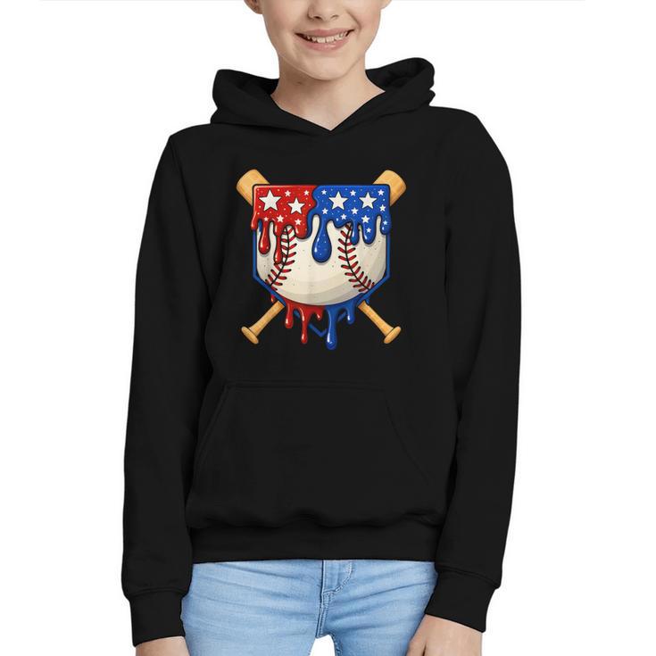 Baseball Drip American Flag Home Plate 4th Of July Patriotic Graphic Youth Hoodie