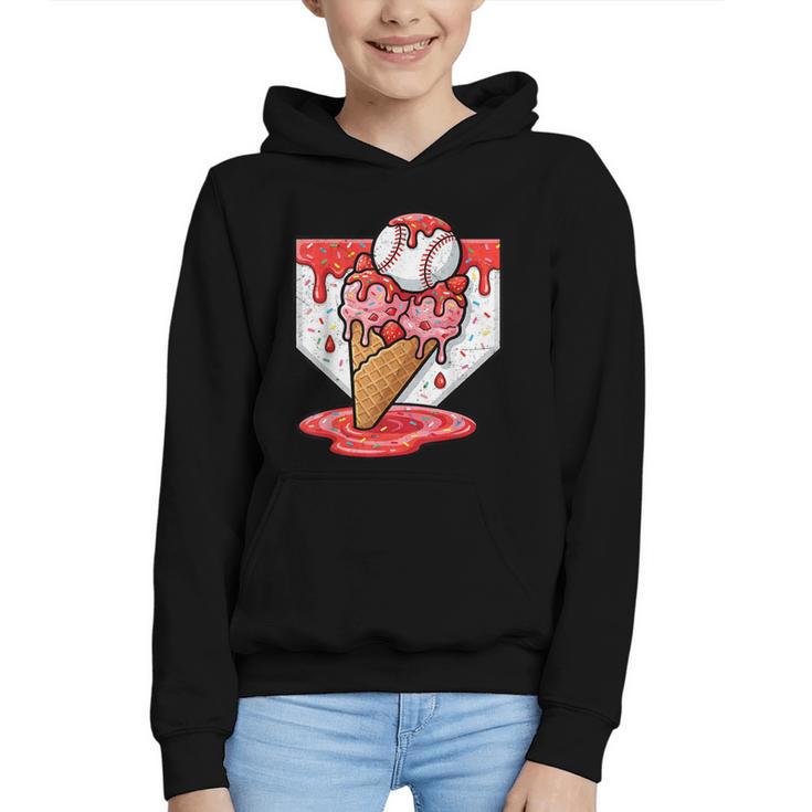 Baseball Ice Cream Drip Baseball Strawberry For Youth Red Graphic Youth Hoodie