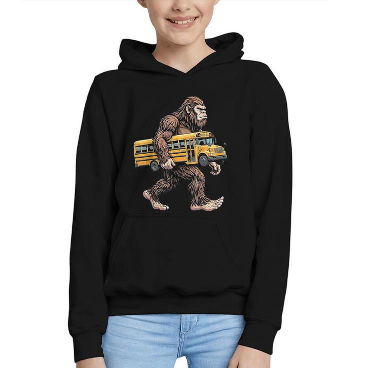 Bigfoot Carrying School Bus Sasquatch Back To School Graphic Youth Hoodie