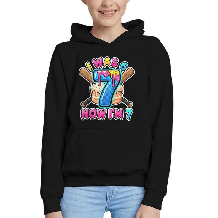 Blue Checkered I Was 6 Now I'm 7 Birthday Cake Baseball Drip Graphic Youth Hoodie