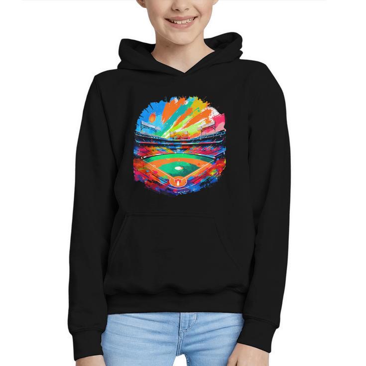 Colorful Baseball Field Home Run Baseball Player Fans Graphic Youth Hoodie