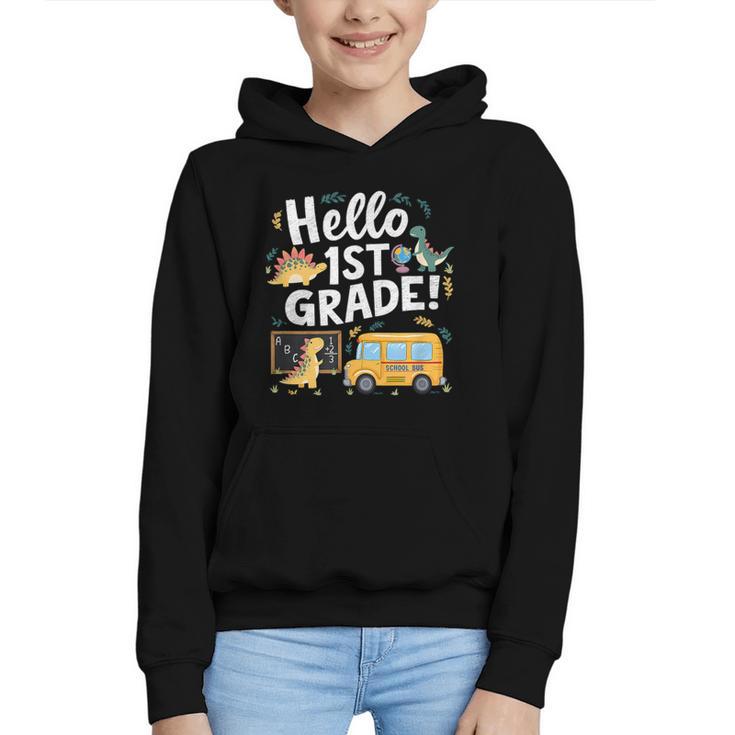 Cute Hello 1st Grade Dinosaur School Back To School Dino Bus Graphic Youth Hoodie