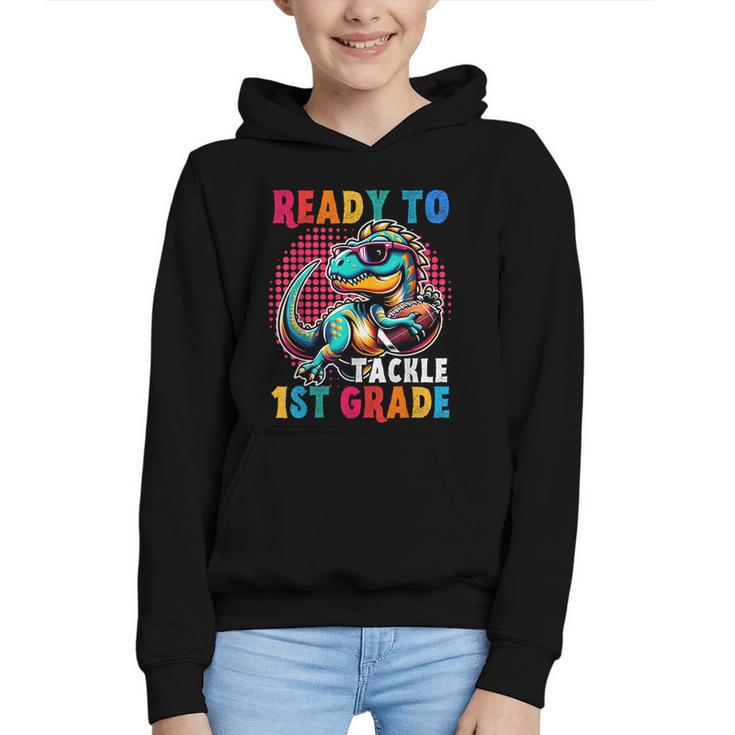 First Day Back To School 1st Grade Boys Football Dinosaur Graphic Youth Hoodie