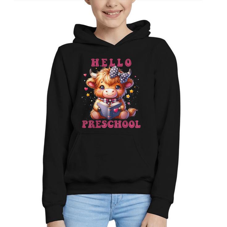 Hello Preschool Cute Highland Cow Lover Back To School Graphic Youth Hoodie