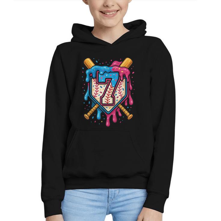 HUGvyn 7th Birthday Baseball Ice Cream Drip Number 7 Kid Boy Graphic Youth Hoodie