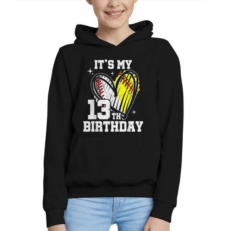 It's My 13th Birthday Baseball Softball Heart 13 Year Old Graphic Youth Hoodie