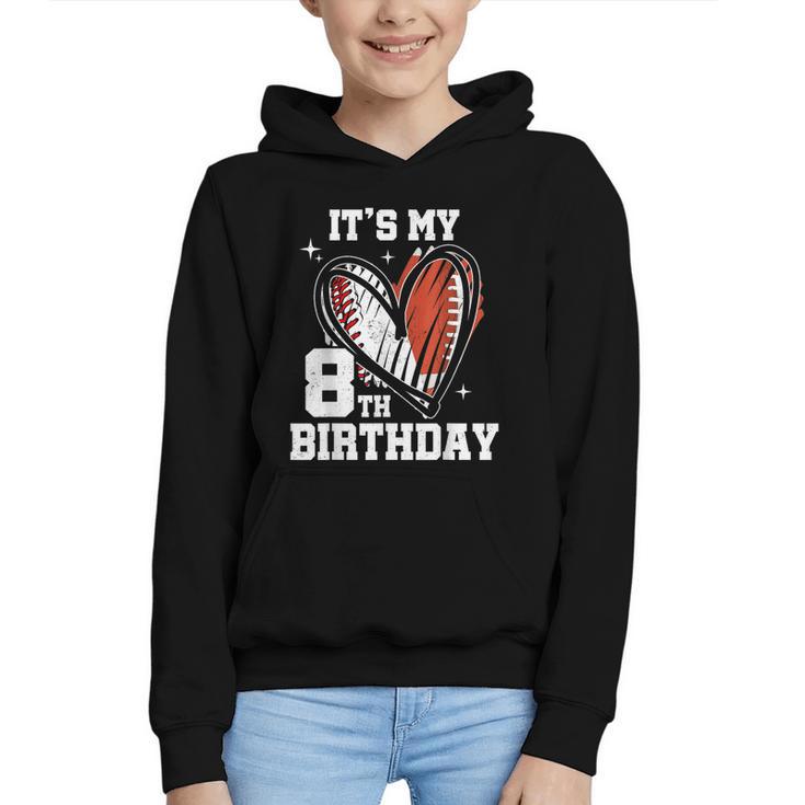 It's My 8th Birthday Baseball Football Heart 8 Year Old Graphic Youth Hoodie