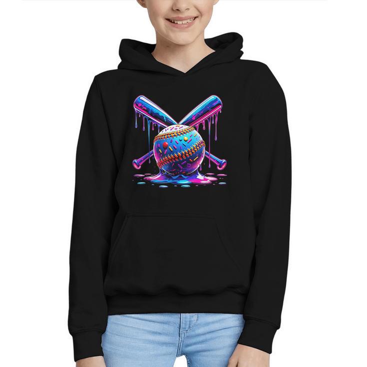 Neon Dripping Baseball And Bats Colorful Sports Art Graphic Youth Hoodie