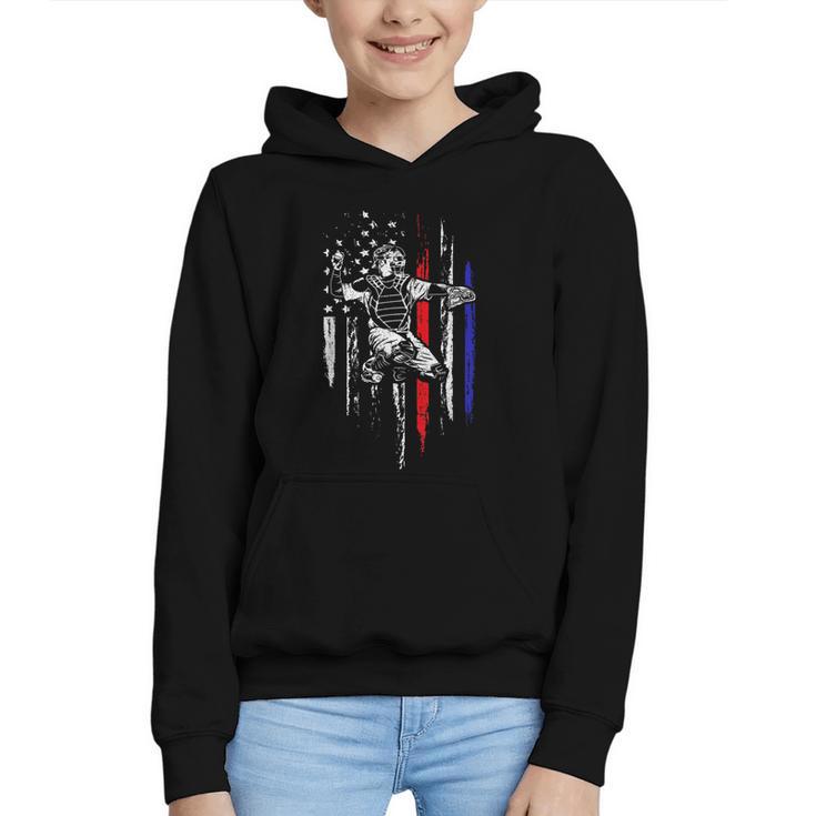 Patriotic Baseball Catcher American Flag Sports Tee Graphic Youth Hoodie