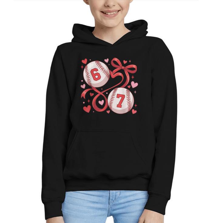 Six Seven Baseball Lover Sports Red Heart Bow Valentine Girl Graphic Youth Hoodie