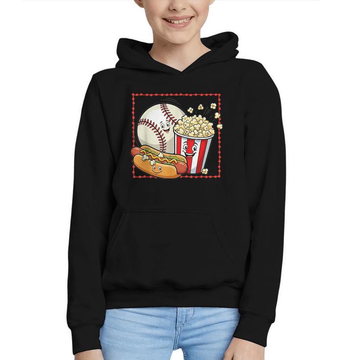 Smiling Baseball Popcorn And Hot-Dog Cartoon Apparel Graphic Youth Hoodie