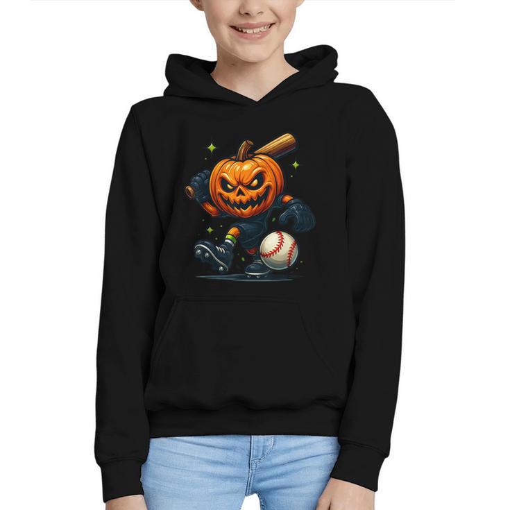 Spooky Halloween Scary Pumpkin Baseball Player Witchy Vibes Graphic Youth Hoodie