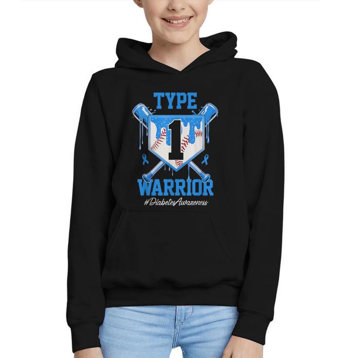 T1D Warrior Baseball Drip Diabetes Awareness Blue Ribbon Graphic Youth Hoodie