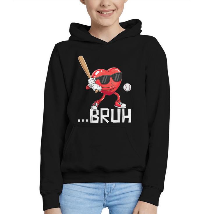 Valentines Bruh Red Heart Playing Baseball Men Boys Kids Graphic Youth Hoodie