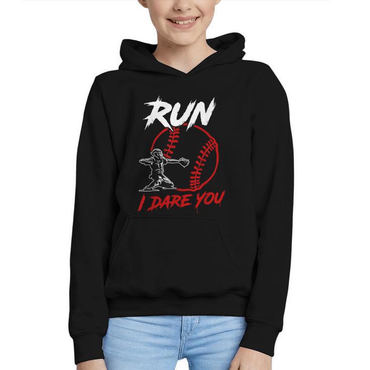 Vintage Baseball Catcher Boys Go Ahead Run I Dare You Graphic Youth Hoodie