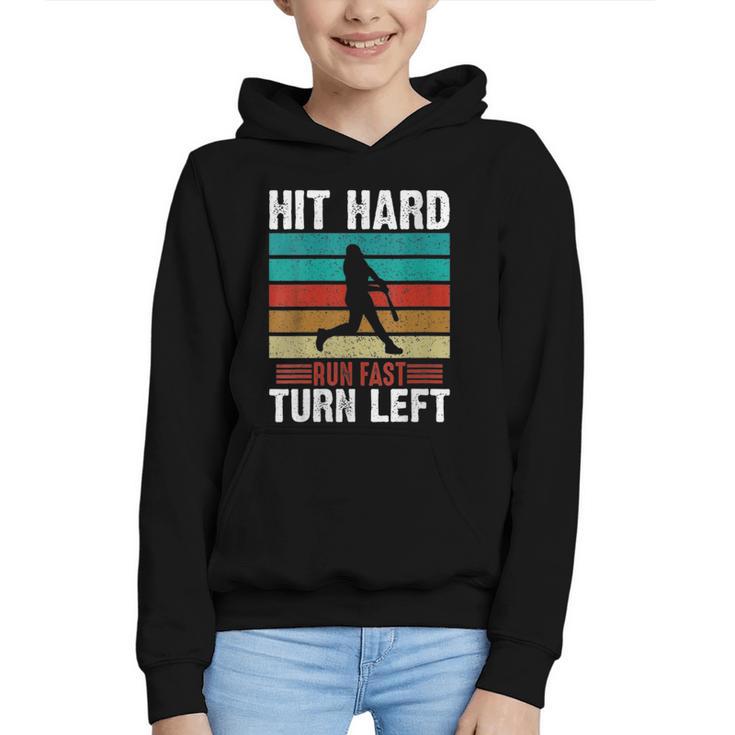 Women's Retro Hit Hard Run Fast Turn Left Baseball Lover Graphic Youth Hoodie