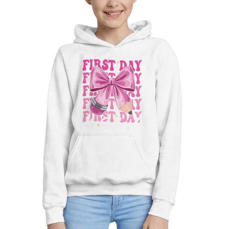First Day Of School Girls Coquette Bow Back To School Performance Graphic Youth Hoodie