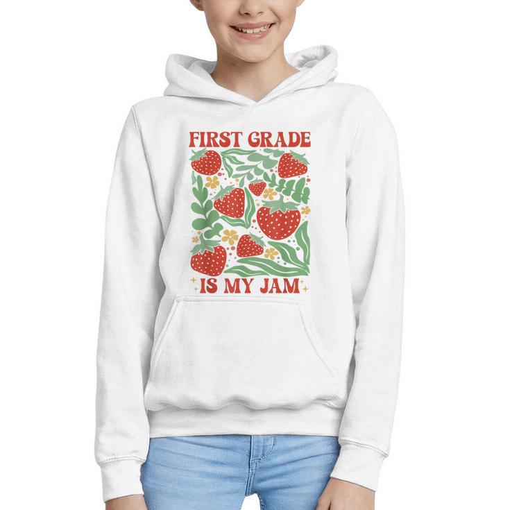 First Grade Is My Jam Boho Floral Strawberry Back To School Graphic Youth Hoodie