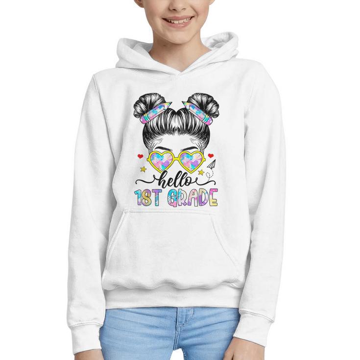 Hello 1st Grade Messy Bun Girl Back To School First Day Graphic Youth Hoodie