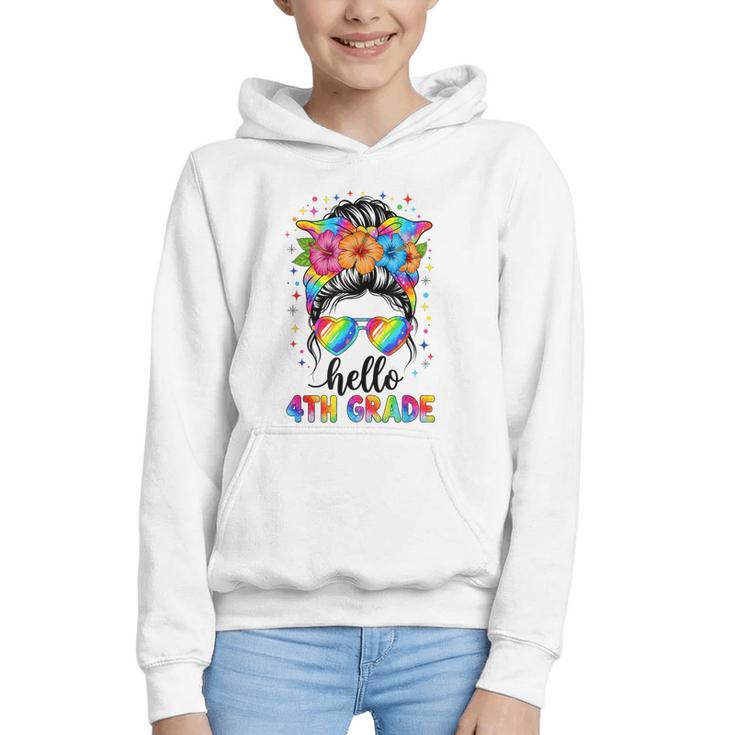Hello 4th Grade Messy Bun Girls Back To School First Day Graphic Youth Hoodie