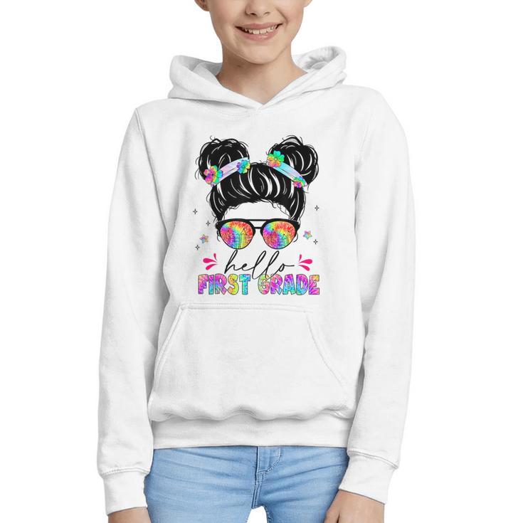 Hello First Grade Shirt Messy Bun Tie Dye Back To School Graphic Youth Hoodie