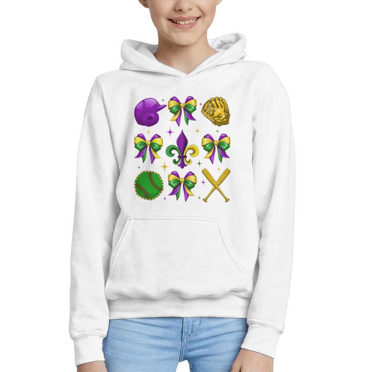 Mardi Gras Baseball Coquette Bow Fat Tuesday Parade Girls Graphic Youth Hoodie