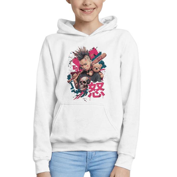 Punk Girl With Anger Kanji And Baseball Bat Graphic Youth Hoodie