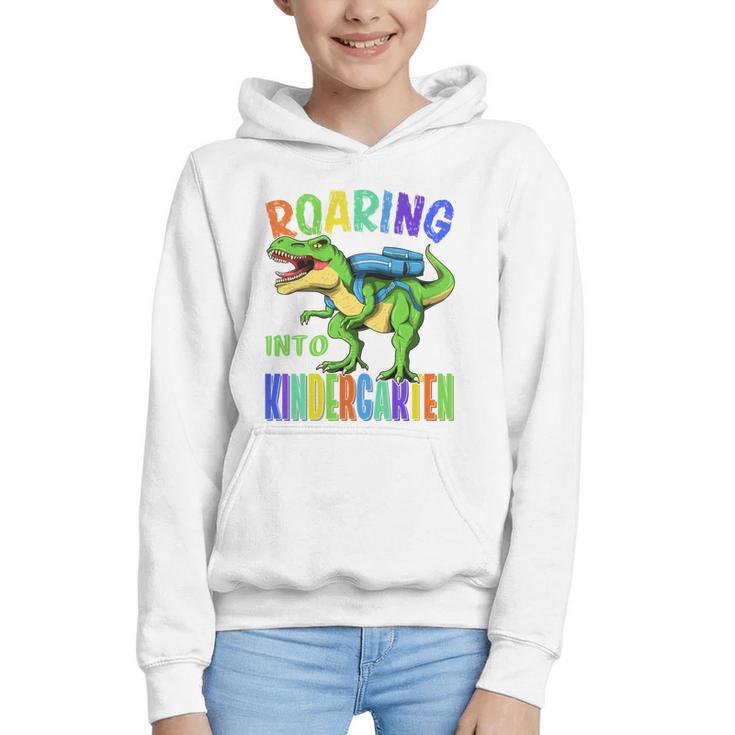 Roaring Into Kindergarten Dinosaur T Rex Back To School Boys Performance Graphic Youth Hoodie