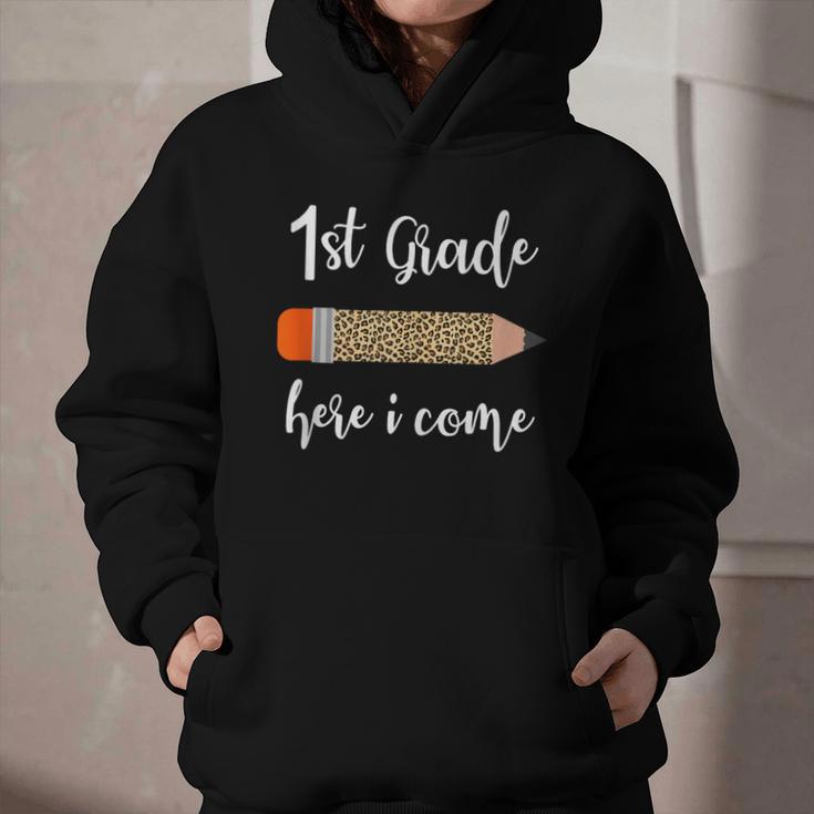 1st Grade Here I Come Leopard Pencil Back To School Student Graphic Youth Hoodie