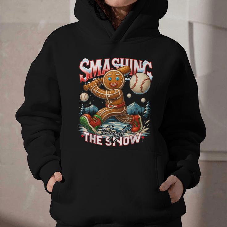 Baseball Player Christmas Gingerbread Smashing Through Snow Graphic Youth Hoodie