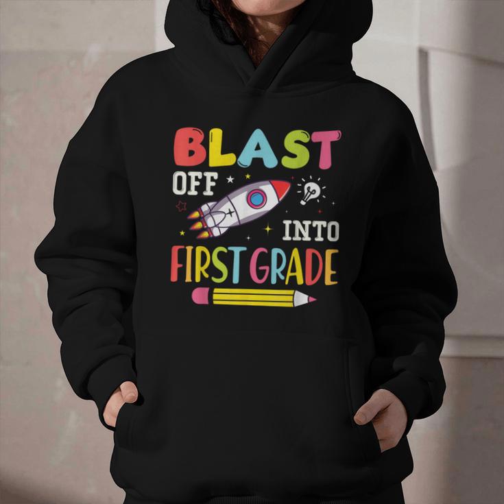 Blast Off Into First Grade Back To School Kids Rocket Space Graphic Youth Hoodie Blast Off Into First Grade Back To School Kids Rocket Space Graphic Youth Hoodie