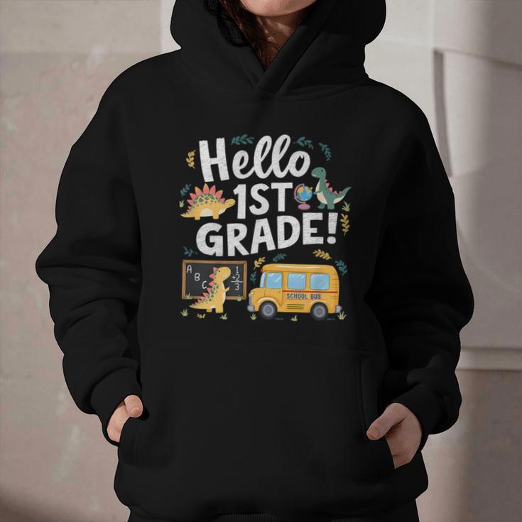 Cute Hello 1st Grade Dinosaur School Back To School Dino Bus Graphic Youth Hoodie