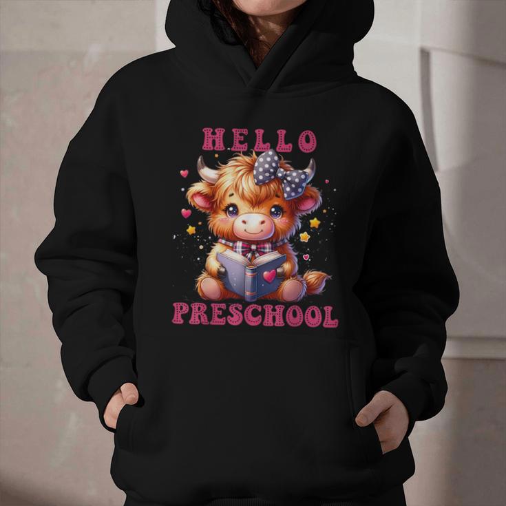 Hello Preschool Cute Highland Cow Lover Back To School Graphic Youth Hoodie Hello Preschool Cute Highland Cow Lover Back To School Graphic Youth Hoodie