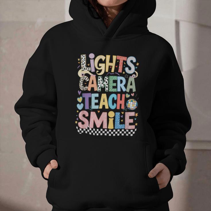 Lights Camera Teach Smile Back To School Awesome Learners Graphic Youth Hoodie Lights Camera Teach Smile Back To School Awesome Learners Graphic Youth Hoodie