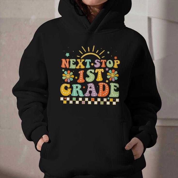 Next Stop 1st Grade Groovy Retro First Grade Back To School Graphic Youth Hoodie Next Stop 1st Grade Groovy Retro First Grade Back To School Graphic Youth Hoodie