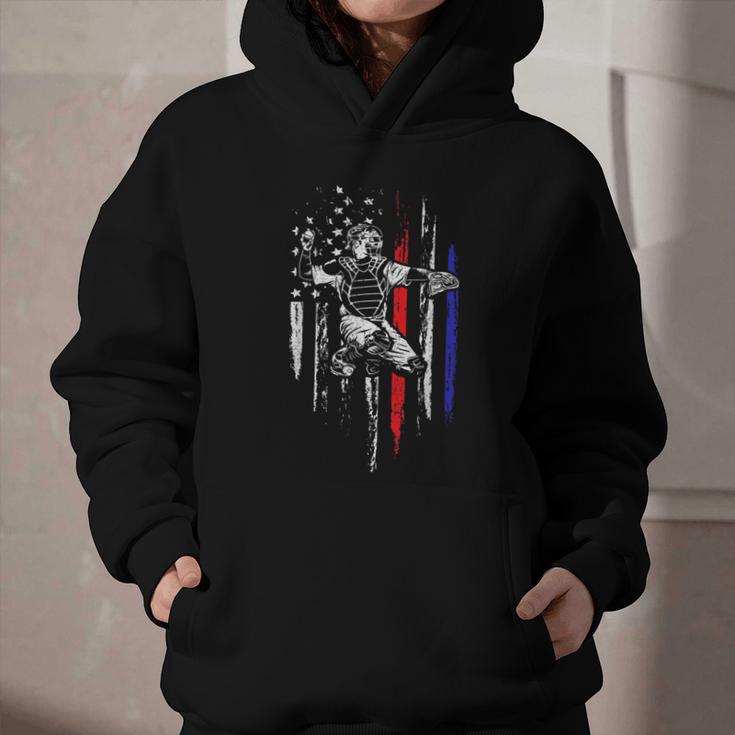 Patriotic Baseball Catcher American Flag Sports Tee Graphic Youth Hoodie