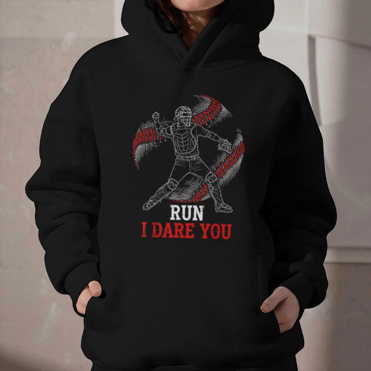 Run I Dare You Baseball Catcher Graphic Players Fans Graphic Youth Hoodie Run I Dare You Baseball Catcher Graphic Players Fans Graphic Youth Hoodie
