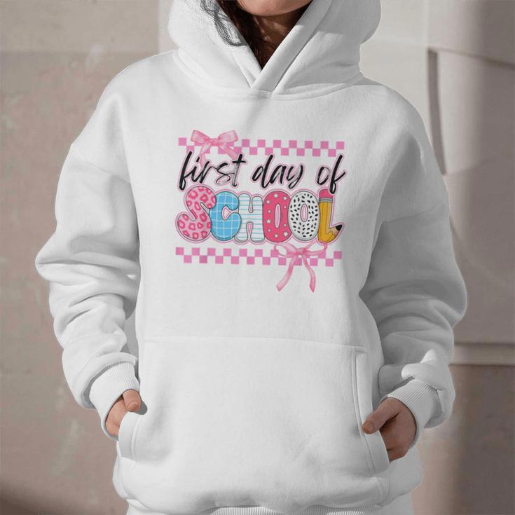 Girl First Day Of School Coquette Bow Pink Back To School Graphic Youth Hoodie Girl First Day Of School Coquette Bow Pink Back To School Graphic Youth Hoodie