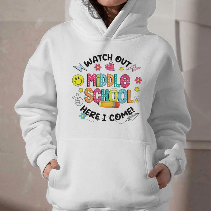 Groovy Watch Out Middle School Here I Come Back To School Graphic Youth Hoodie Groovy Watch Out Middle School Here I Come Back To School Graphic Youth Hoodie