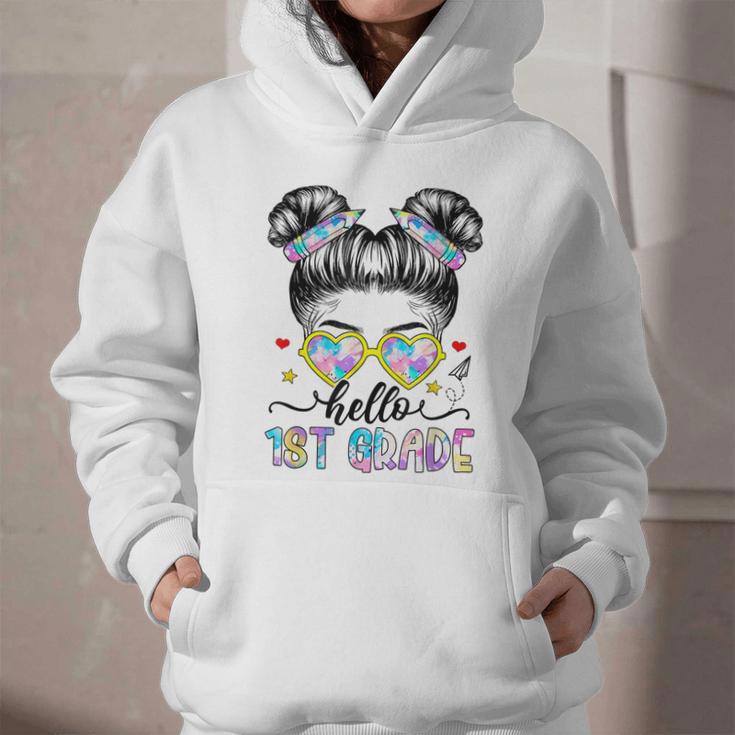 Hello 1st Grade Messy Bun Girl Back To School First Day Graphic Youth Hoodie Hello 1st Grade Messy Bun Girl Back To School First Day Graphic Youth Hoodie