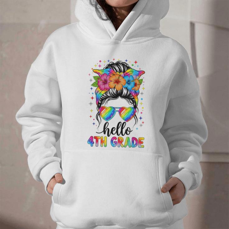 Hello 4th Grade Messy Bun Girls Back To School First Day Graphic Youth Hoodie