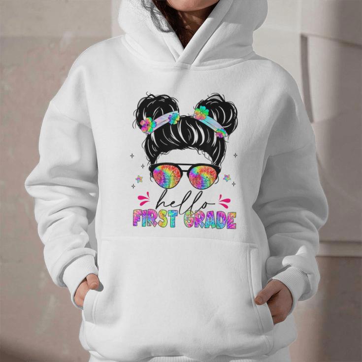 Hello First Grade Shirt Messy Bun Tie Dye Back To School Graphic Youth Hoodie Hello First Grade Shirt Messy Bun Tie Dye Back To School Graphic Youth Hoodie