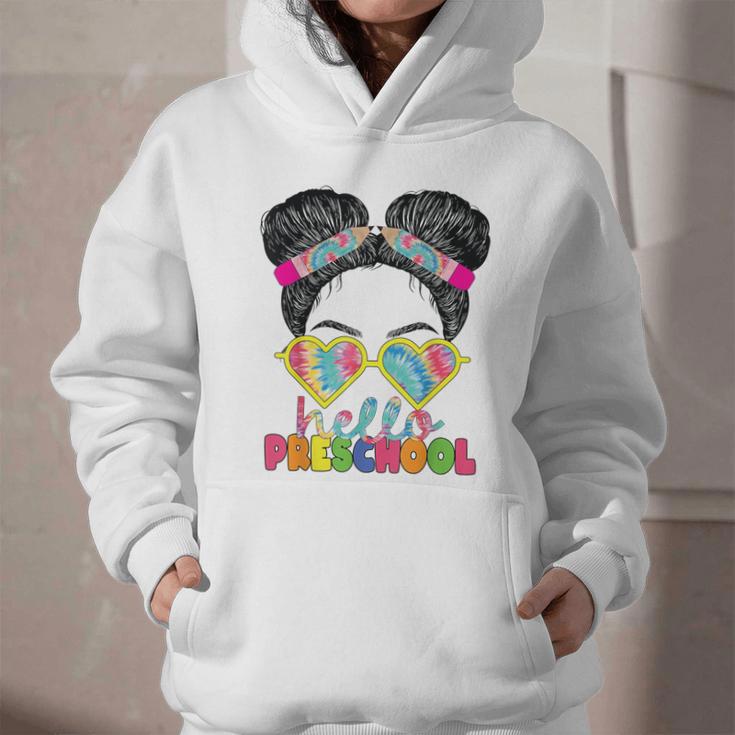 Hello Preschool Messy Bun Tie Dye Back To School Girls Kids Graphic Youth Hoodie