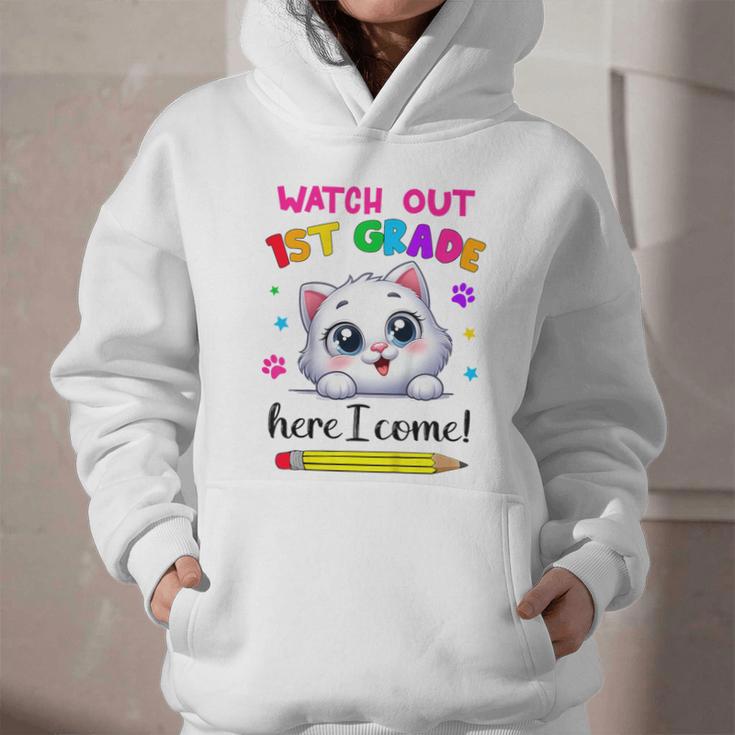 Kids Watch Out 1st Grade Here I Come Girls Cat Back To School Graphic Youth Hoodie Kids Watch Out 1st Grade Here I Come Girls Cat Back To School Graphic Youth Hoodie
