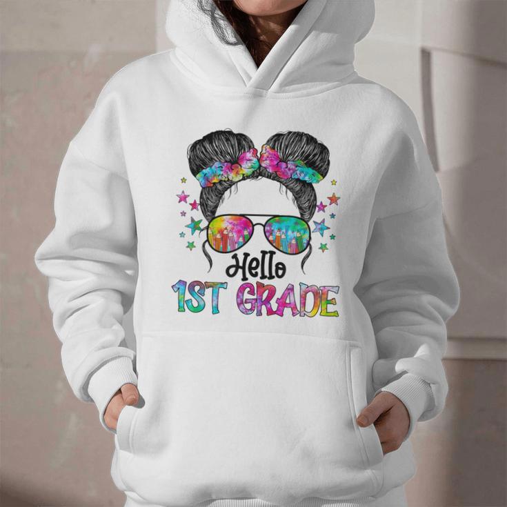 Messy Hair Bun Girl Back To School First Day Hello 1st Grade Graphic Youth Hoodie Messy Hair Bun Girl Back To School First Day Hello 1st Grade Graphic Youth Hoodie