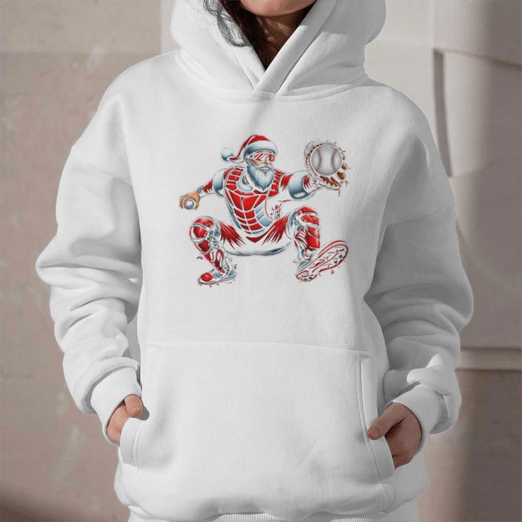 Santa Playing Baseball Catcher Merry Christmas Sport Player Graphic Youth Hoodie