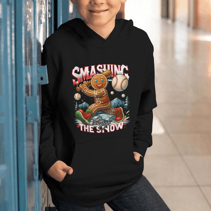 Baseball Player Christmas Gingerbread Smashing Through Snow Graphic Youth Hoodie