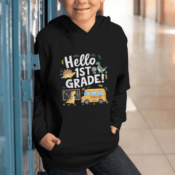 Cute Hello 1st Grade Dinosaur School Back To School Dino Bus Graphic Youth Hoodie